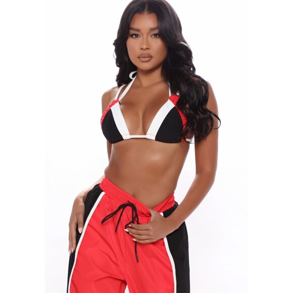 Fashion Nova On My Level Red & Black Windbreaker Jogger Set Triangle Top Pants S - Picture 2 of 4
